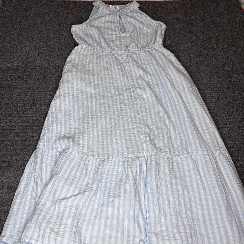 BLL NYC Women's Medium Blue White Striped Maxi Dress Tiered‎ Ruffle Boho